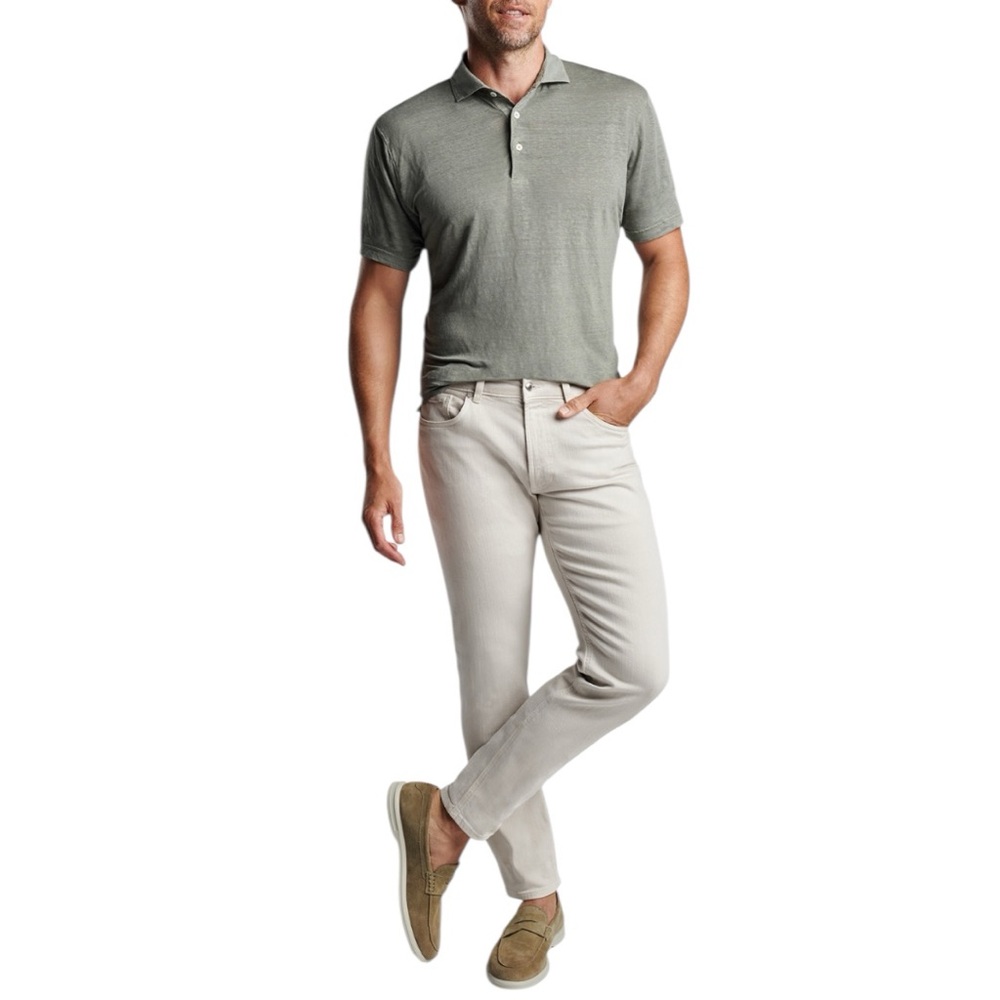 Peter Millar Men's 100% Linen Sage Fog Greystone Short Sleeve Polo Size L EUC